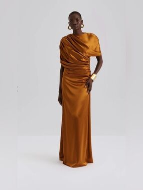 By Malina Draped One-Shoulder Satin Maxi Dress in Amber Brown
